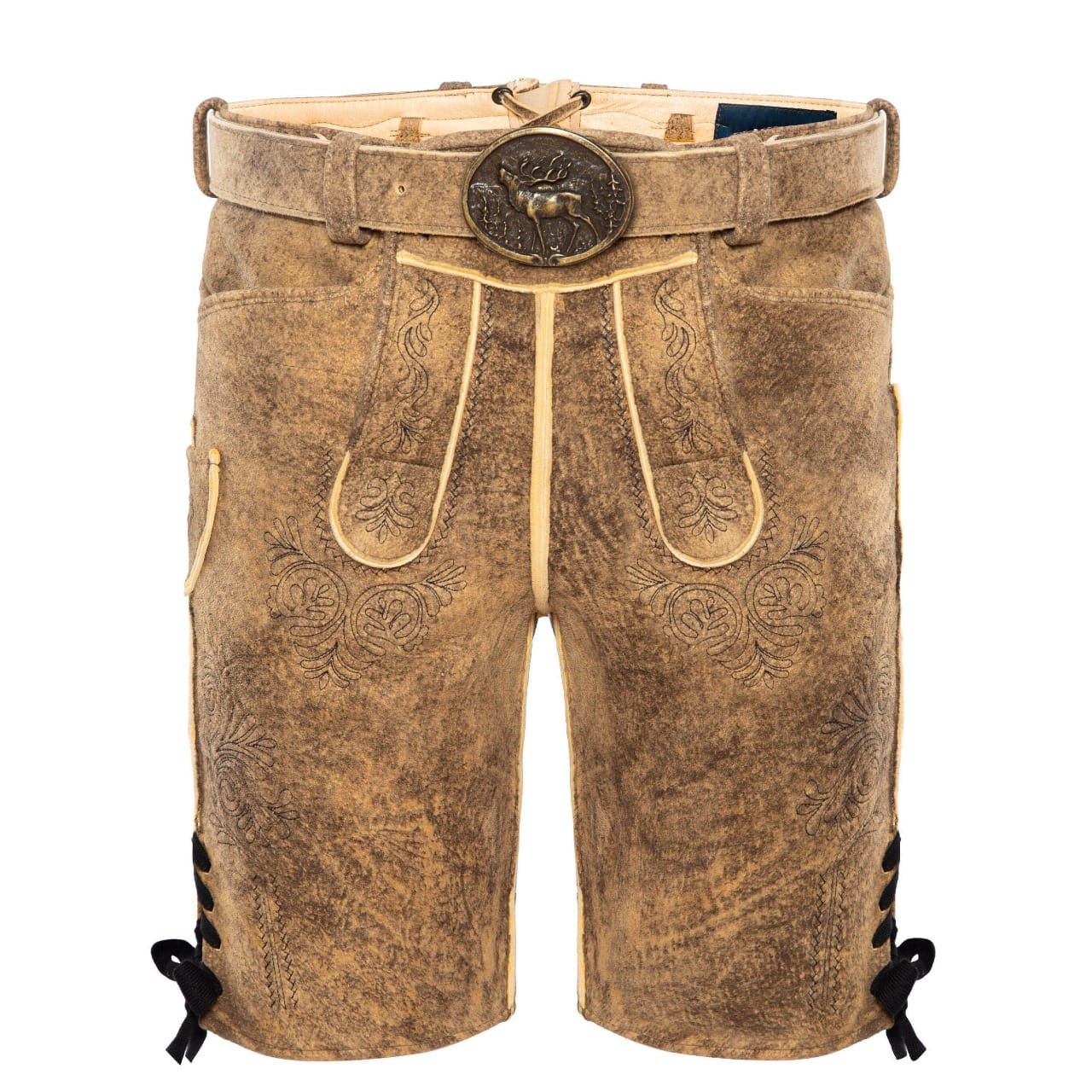 Men's Classic German Lederhosen for Festivals handcrafted from genuine leather with vintage brown finish and Alpine embroidery