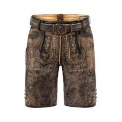 Men's Bavarian leather lederhosen in distressed brown leather with antique grey floral embroidery and vintage belt