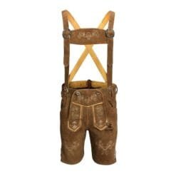Authentic Men's Bavarian Lederhosen in rustic brown genuine leather with beige floral embroidery and suspenders