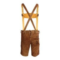 Back view of Authentic Men's Bavarian Lederhosen with adjustable suspenders in rustic brown leather