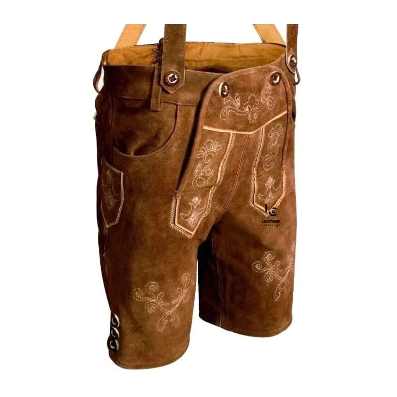 Authentic Men's Bavarian Lederhosen in rustic brown genuine leather with beige floral embroidery and suspenders