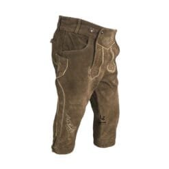 Angled view of Mens Alpine Rustic Brown Lederhosen Traditional Knee Length Bundhosen showing side embroidery and knife pocket