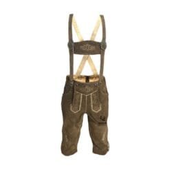 Mens Alpine Rustic Brown Lederhosen Traditional Knee Length Bundhosen with suspenders and beige Alpine embroidery