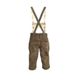 Back view of Mens Alpine Rustic Brown Lederhosen Traditional Knee Length Bundhosen with adjustable suspenders