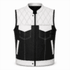 Men's Leather Denim Biker Vest with Diamond Quilted Yoke in white leather and black denim