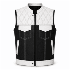 Men's Leather Denim Biker Vest with Diamond Quilted Yoke in white leather and black denim
