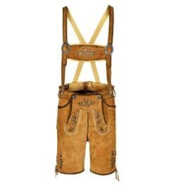 Men's Lederhosen with Suspenders handcrafted from genuine leather featuring antique brown Alpine embroidery