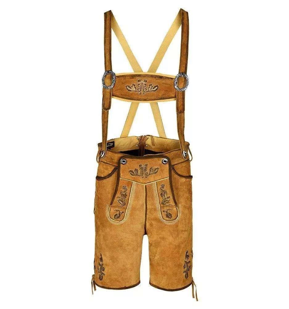 Men's Lederhosen with Suspenders handcrafted from genuine leather featuring antique brown Alpine embroidery