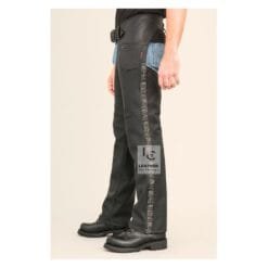 Men's Motorcycle Leather Chaps with Skull Embossed Side Stripes