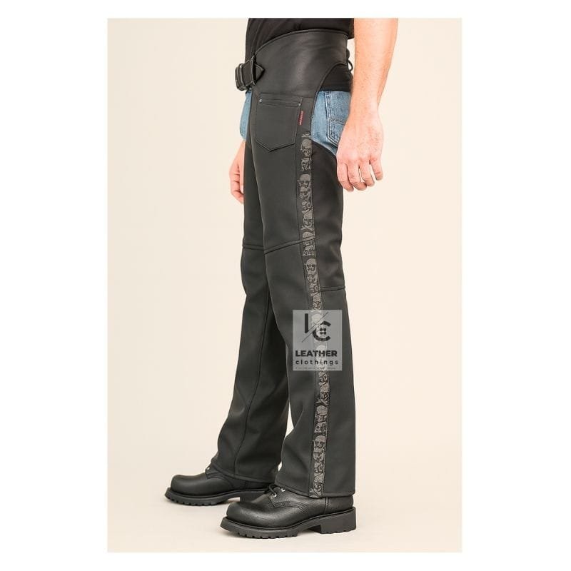 Men's Motorcycle Leather Chaps with Skull Embossed Side Stripes