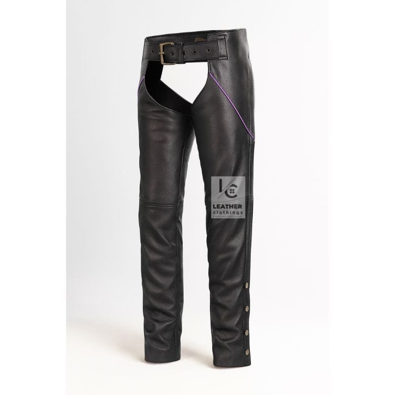 Black Assless Leather Chaps With Purple Piping