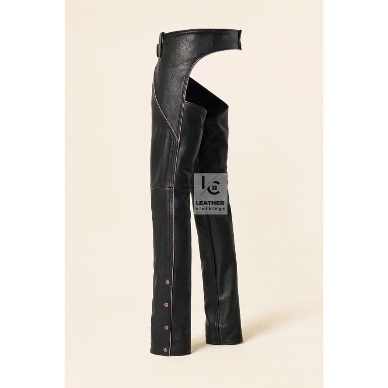 Black Assless Leather Chaps With Purple Piping