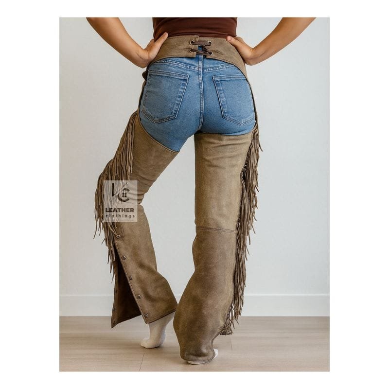 Distressed Brown Leather Motorcycle Chaps for Women's