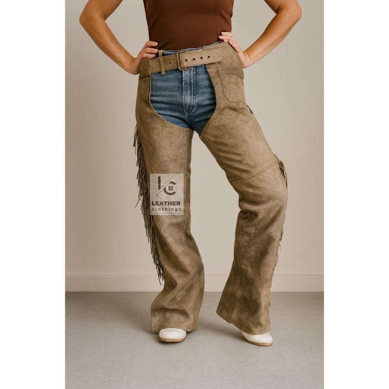 Distressed Brown Leather Motorcycle Chaps for Women's