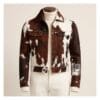 Men's brindle brown and white hair-on cowhide leather trucker jacket with button front and flap chest pockets