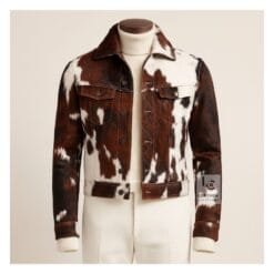 Men's brindle brown and white hair-on cowhide leather trucker jacket with button front and flap chest pockets