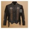 Woman wearing black leather fringe jacket with beaded western detailing