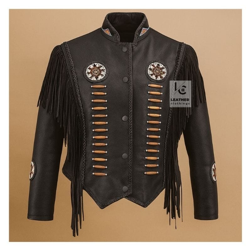 Woman wearing black leather fringe jacket with beaded western detailing