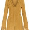 Women Mustard Suede Fringe Shirt Jacket