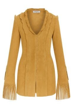 Women Mustard Suede Fringe Shirt Jacket