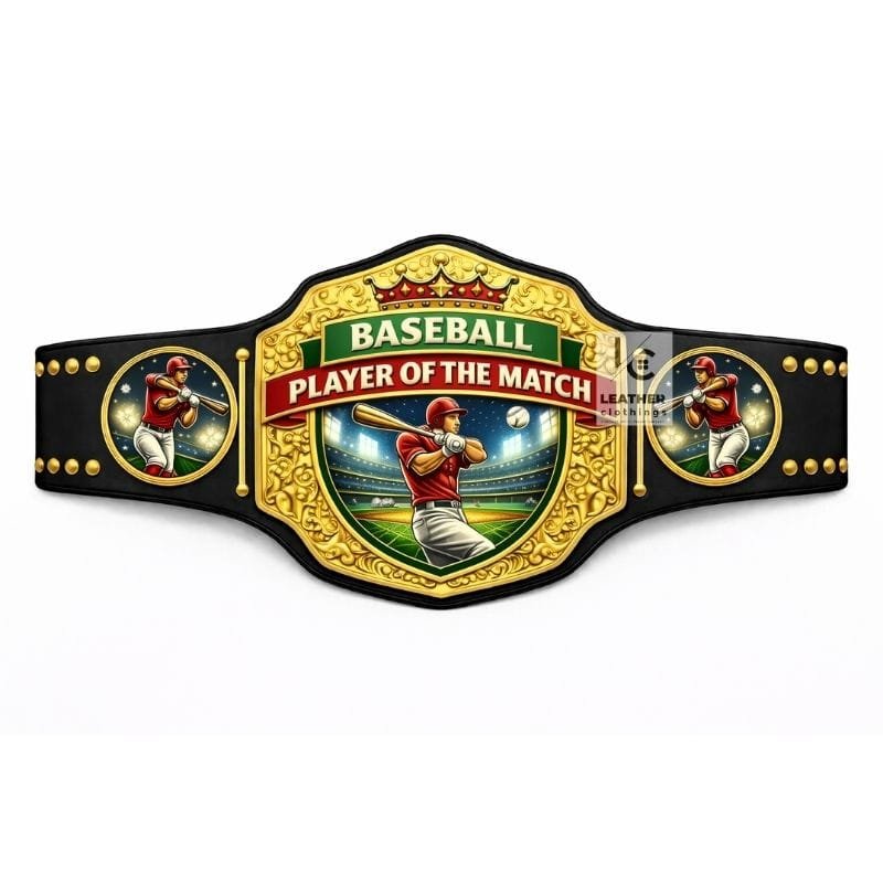 Custom baseball Player of the Match belt with real leather strap and gold metal plates