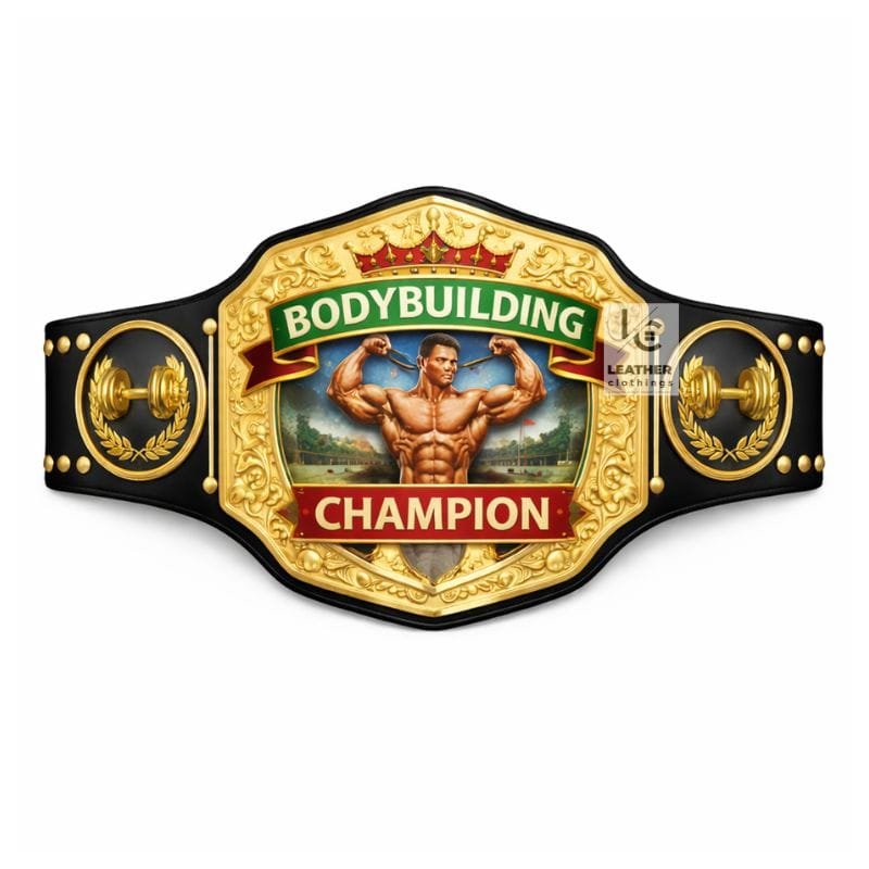 Custom bodybuilding championship belt with real leather strap and gold metal plates