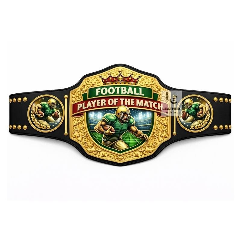 Custom football player of the match belt with real leather strap and gold metal plates
