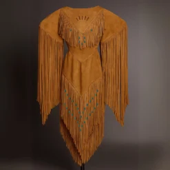 Womens Buckskin Fringe Dress – Powwow Regalia with Turquoise Beads