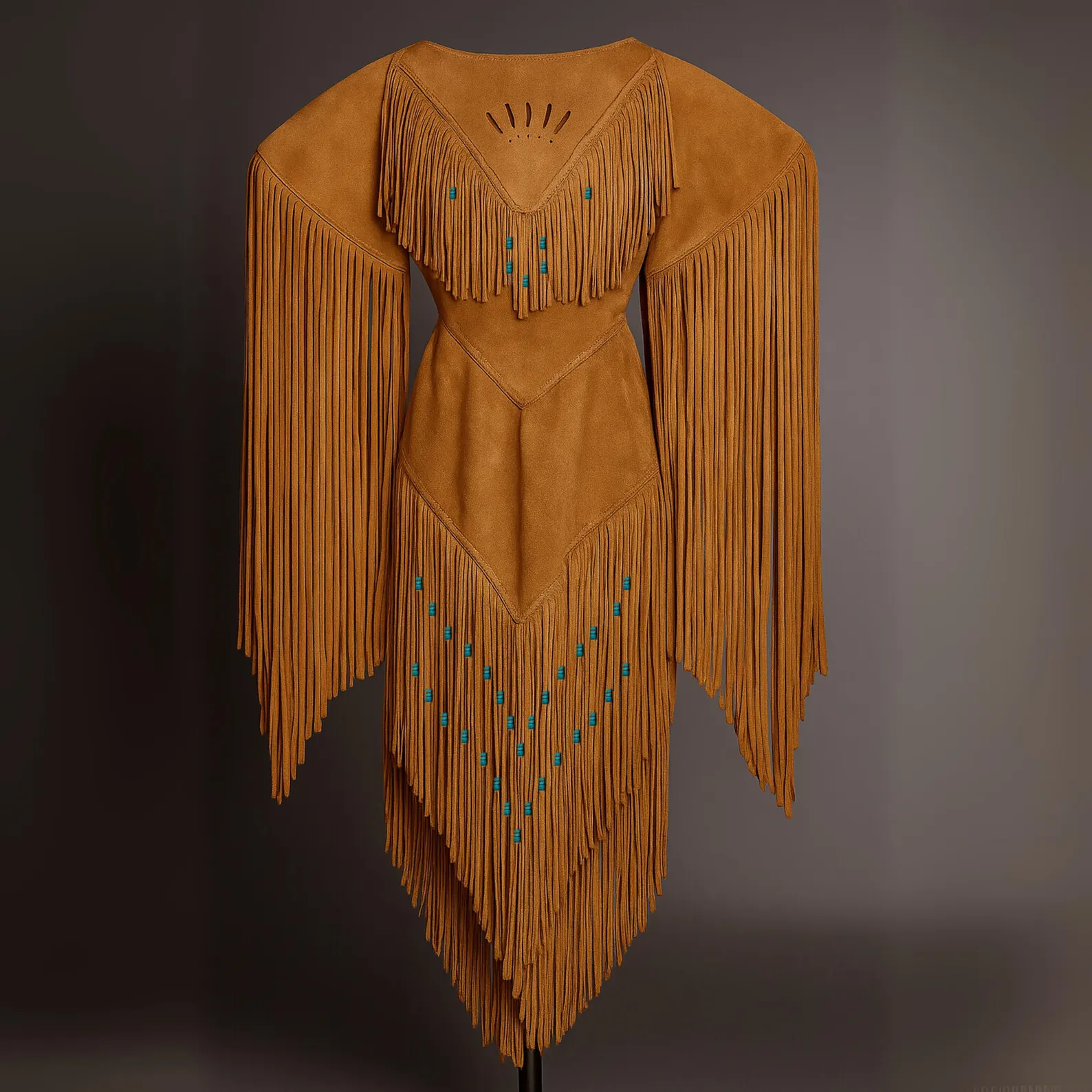 Womens Buckskin Fringe Dress – Powwow Regalia with Turquoise Beads