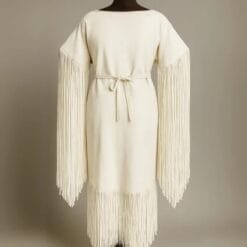 Girls white suede fringe powwow dress with long sleeve fringe and western-inspired leather styling shown from front and back.