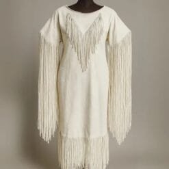 Girls white suede fringe powwow dress with long sleeve fringe and western-inspired leather styling shown from front and back.