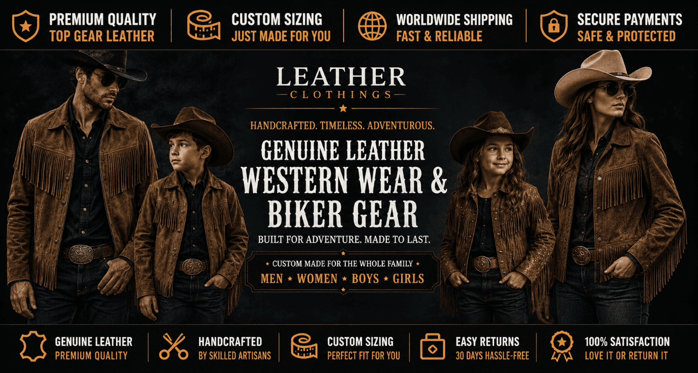 Leather Clothings family collection featuring men, women, boys, and girls wearing genuine leather western fringe jackets and cowboy hats.