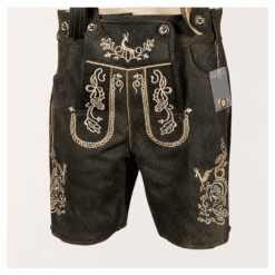 Bavarian Style Lederhosen Men in Chic Black with embroidered stag design, adjustable suspenders, and traditional black leather finish