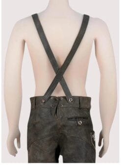 Bavarian Style Lederhosen Men in Chic Black with embroidered stag design, adjustable suspenders, and traditional black leather finish