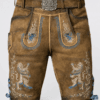 Men's Brown Lederhosen Oktoberfest in genuine goat suede leather with light blue embroidered Bavarian detailing