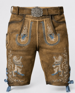 Men's Brown Lederhosen Oktoberfest in genuine goat suede leather with light blue embroidered Bavarian detailing