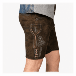 Side profile of Men's Dark Brown Leather Lederhosen with embroidered utility pocket