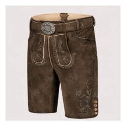 Authentic Men's Bavarian Lederhosen in distressed brown suede leather with traditional embroidered detailing and matching belt.