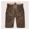 Authentic Men's Bavarian Lederhosen in distressed brown suede leather with traditional embroidered detailing and matching belt.