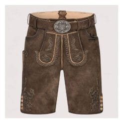 Authentic Men's Bavarian Lederhosen in distressed brown suede leather with traditional embroidered detailing and matching belt.