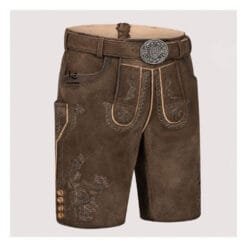 Authentic Men's Bavarian Lederhosen in distressed brown suede leather with traditional embroidered detailing and matching belt.