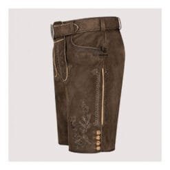 Authentic Men's Bavarian Lederhosen in distressed brown suede leather with traditional embroidered detailing and matching belt.