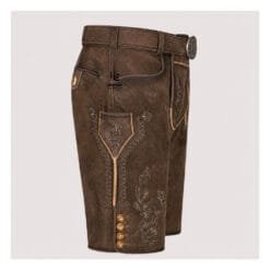 Authentic Men's Bavarian Lederhosen in distressed brown suede leather with traditional embroidered detailing and matching belt.