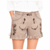 Beige Suede Women's Lederhosen with coral floral embroidery and ruffle hem in genuine leather