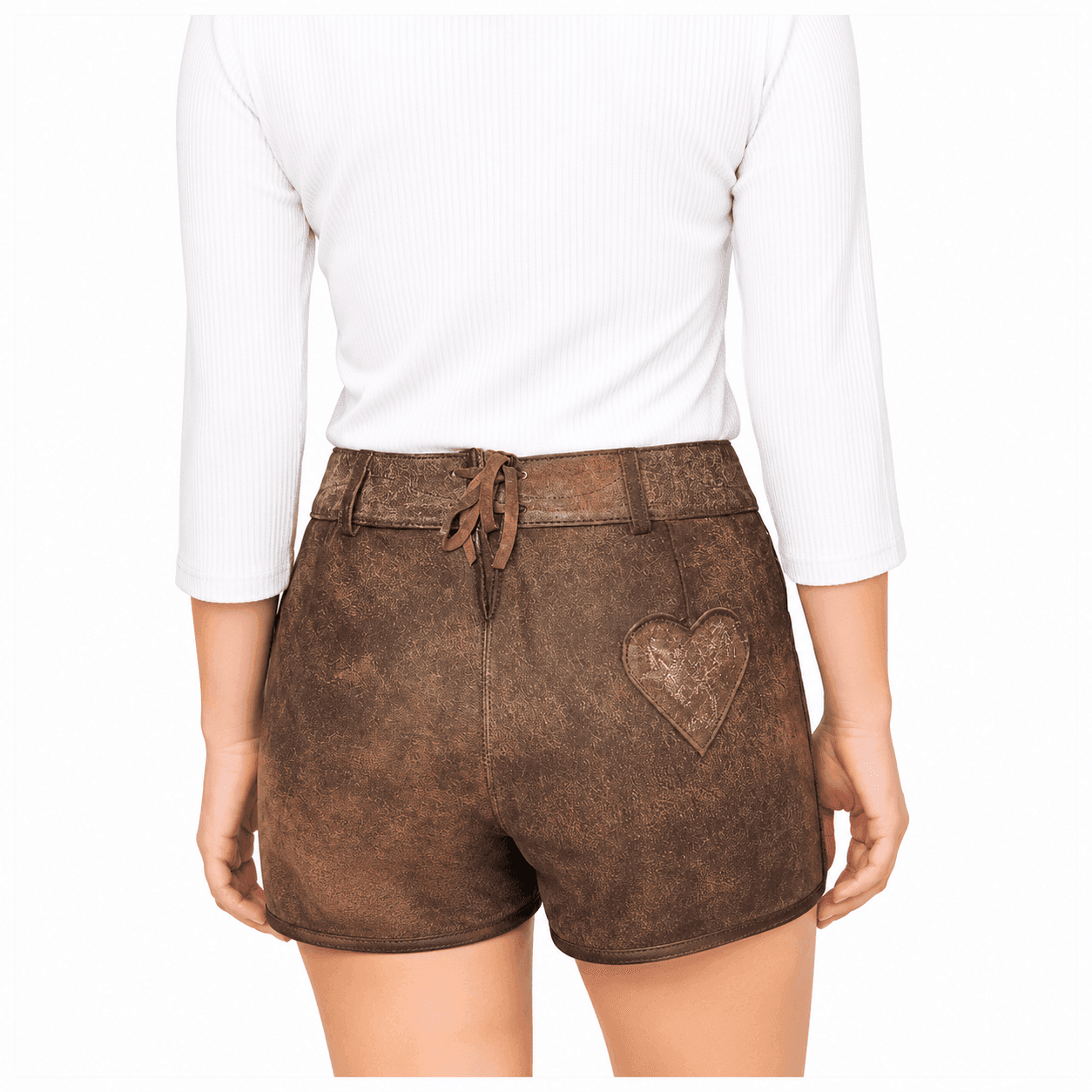 Back view of Brown Suede Women's Lederhosen featuring heart leather patch detail