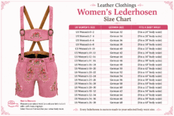 Leather Clothings women's lederhosen size chart showing US women's sizes, German sizes, and corresponding body waist measurements with pink embroidered leather lederhosen.