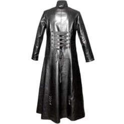 Men’s gothic leather long coat back view with lace-up detailing and full length silhouette