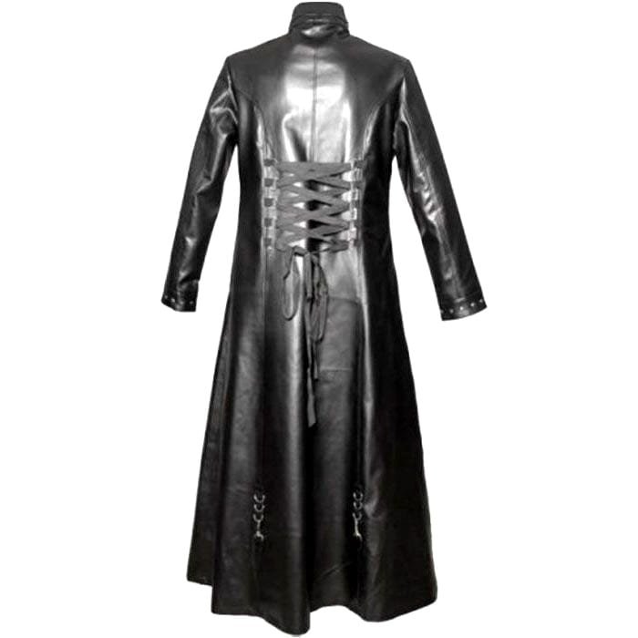 Men’s gothic leather long coat back view with lace-up detailing and full length silhouette