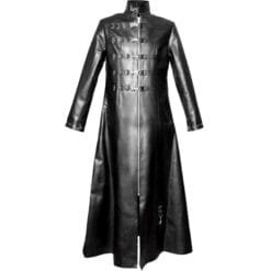 Men’s belted gothic leather long coat front view with buckle closure and structured design