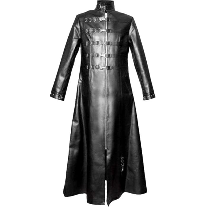 Men’s belted gothic leather long coat front view with buckle closure and structured design